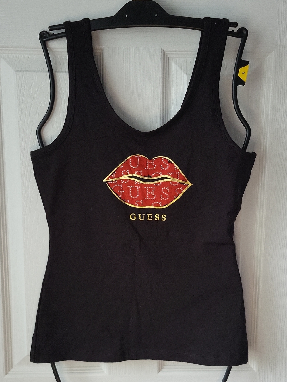 GUESS Black Tank with Red Lip and Gold Trim